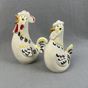 2pc Large Vintage Ceramic Rooster & Hen Salt N Pepper Shakers